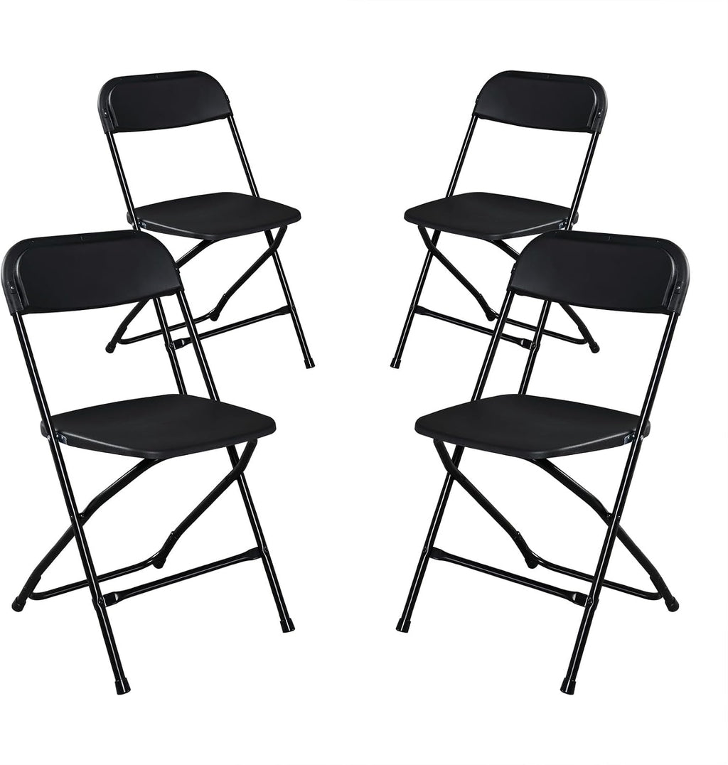 Black Plastic Folding Chairs | Steel Frame, 350 lbs Capacity, Indoor/Outdoor, Set of 4