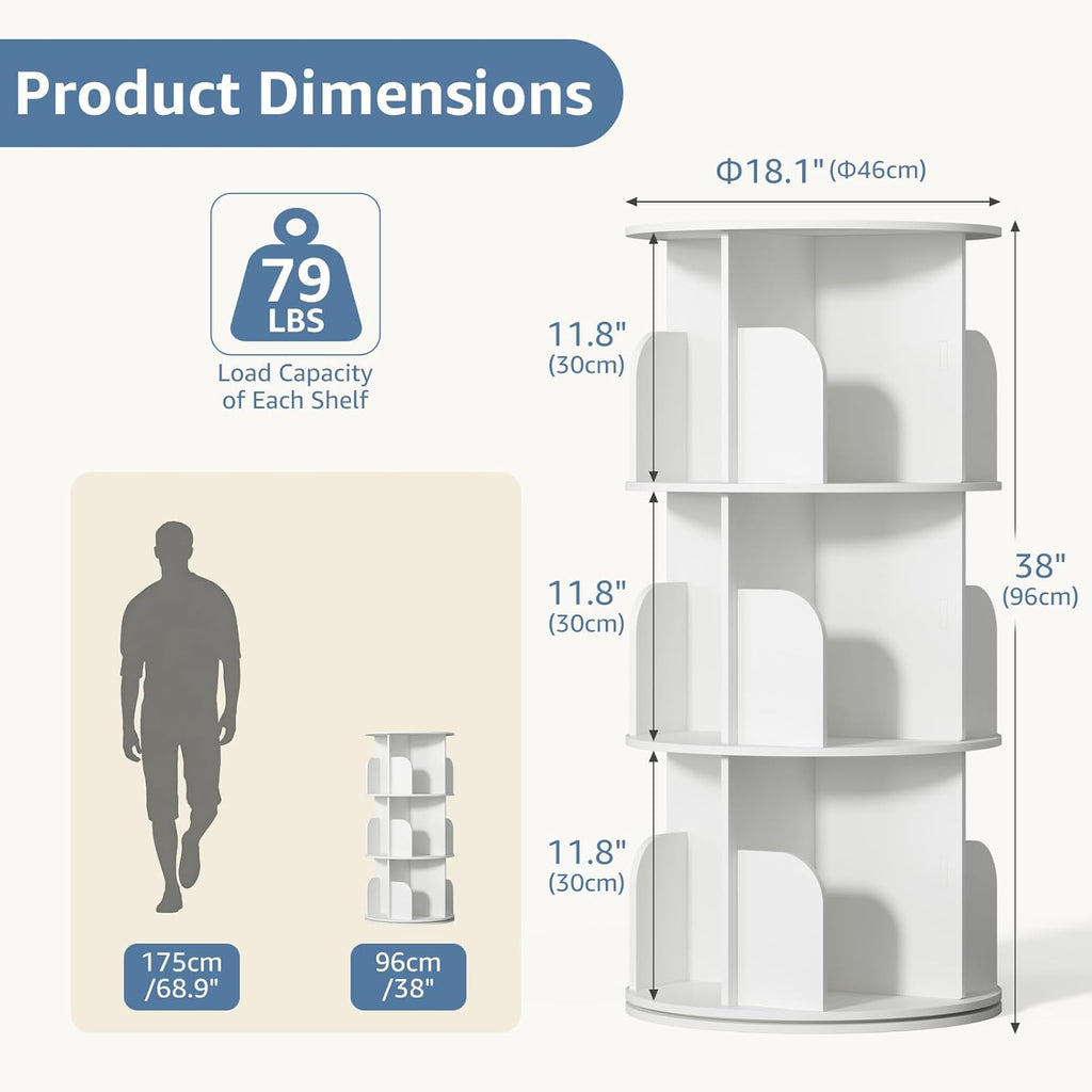 DUMOS 3 Tier Rotating Bookshelf Tower, Study Spinning Bookshelf for Small Space, 360° Display Revolving Bookcase Lazy Susan, Freestanding Vertical Corner Book Shelf for Bedroom, Living Room, White