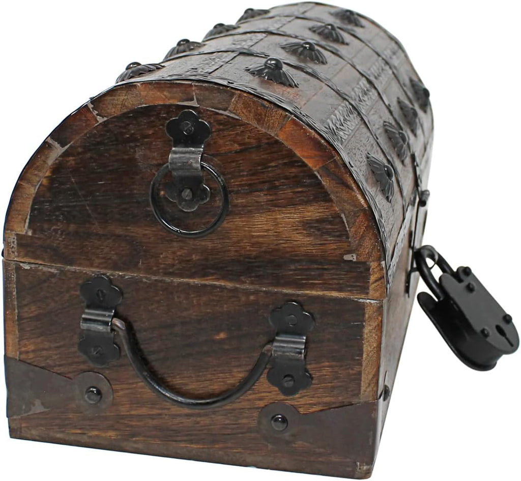 Nautical Cove Wooden Treasure Chest with Padded Velvet Lining and Antique Lock with Skeleton Keys (Medium 11x6x6.5) – Luxury Wood Pirate Chest, Decorative Wooden Keepsake Box