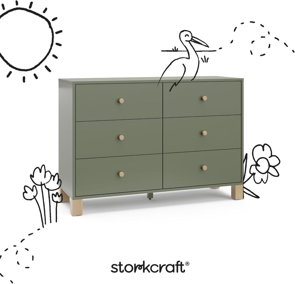 Storkcraft California 6-Drawer Double Dresser, Olive with Driftwood | GREENGUARD Gold Certified, Wood Dresser, Spacious Storage Organizer for Kids Bedroom, Safety Interlocking Drawer System