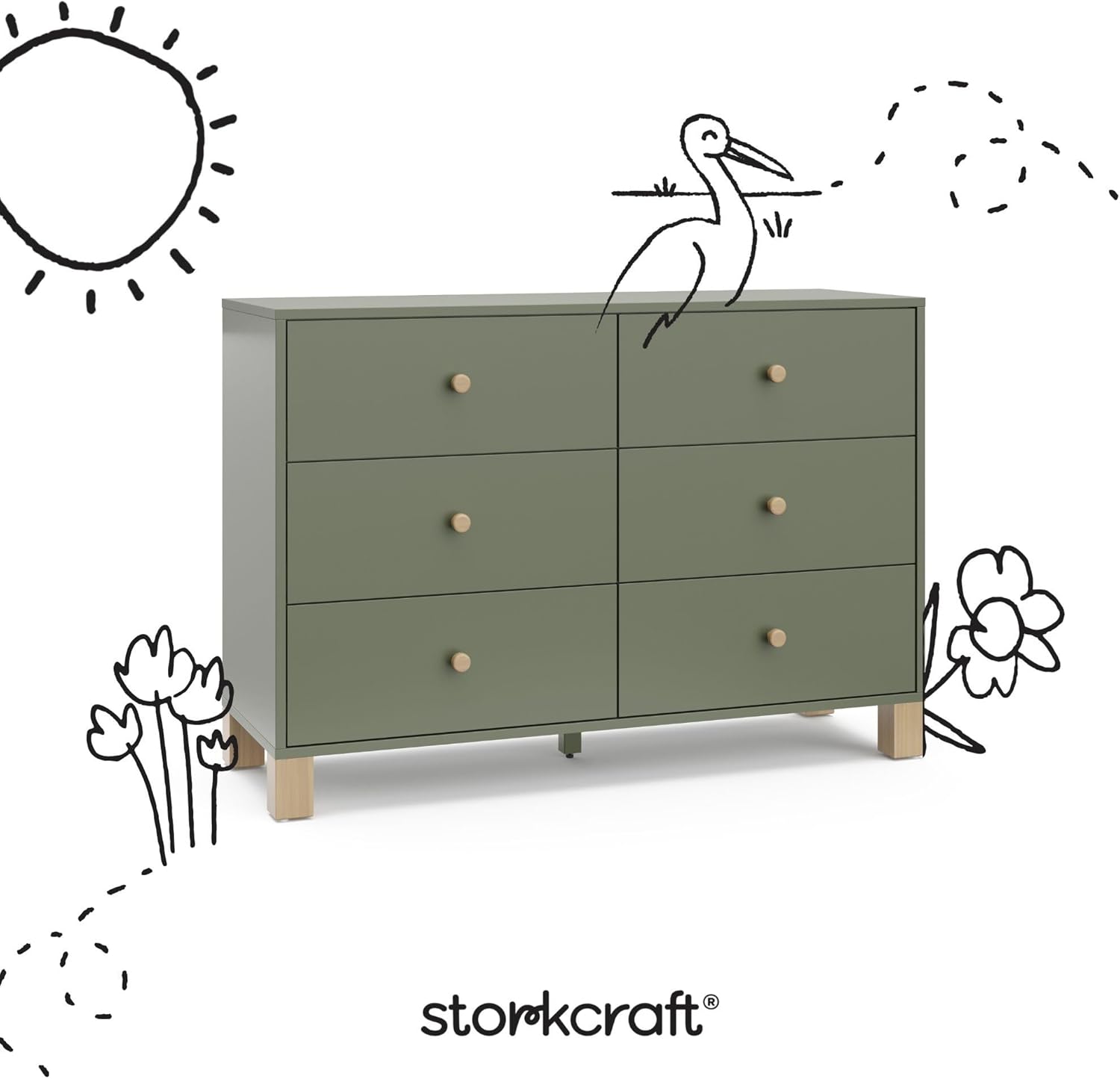 Storkcraft California 6-Drawer Double Dresser, Olive with Driftwood | GREENGUARD Gold Certified, Wood Dresser, Spacious Storage Organizer for Kids Bedroom, Safety Interlocking Drawer System