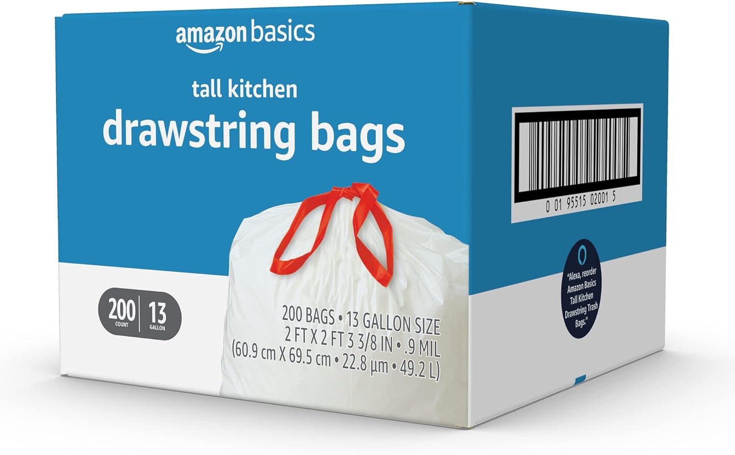 Amazon Basics Tall Kitchen Drawstring Trash Bags, Sturdy, 13 Gallon, Unscented, 200 Count