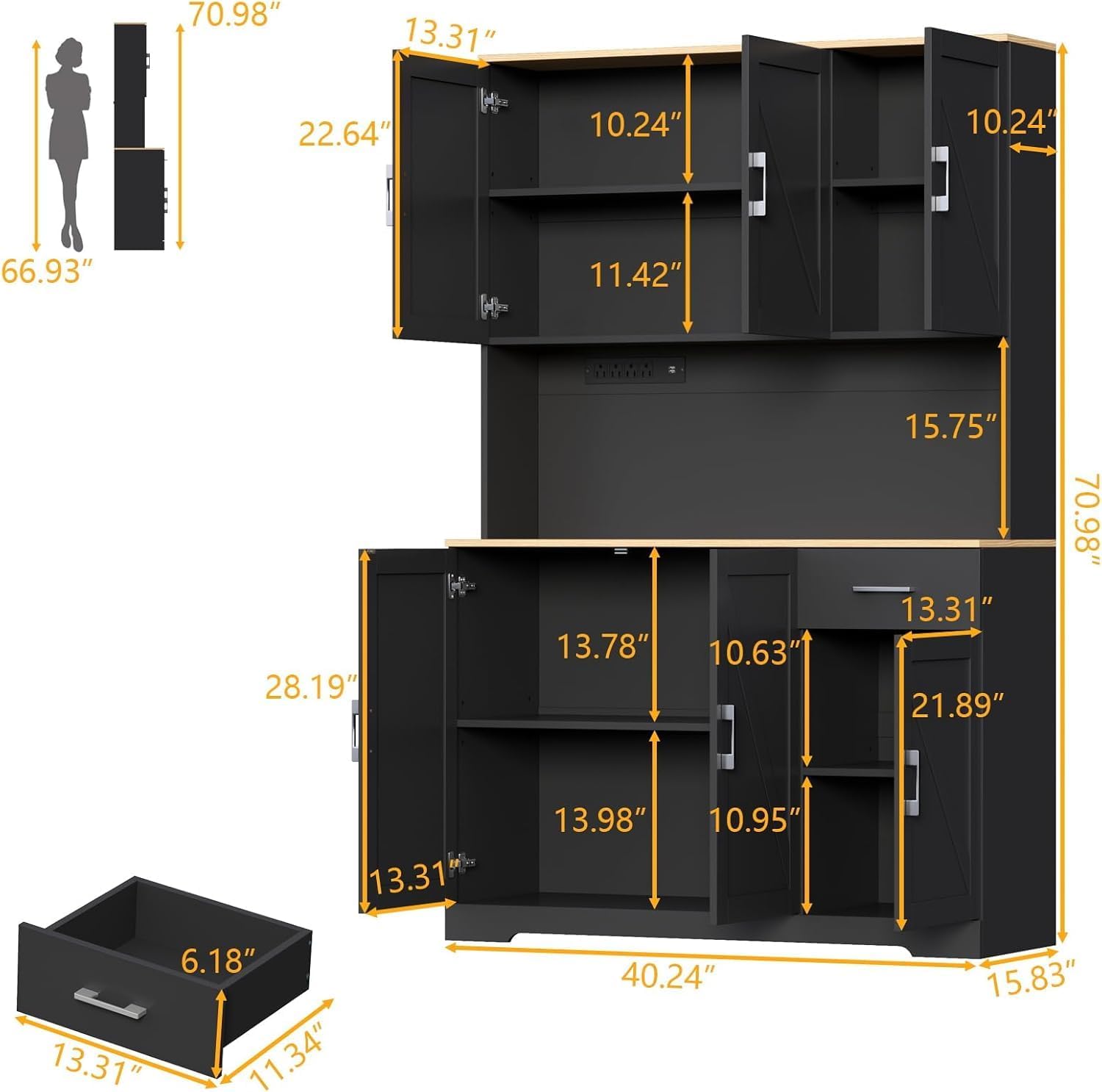 71" Pantry Cabinet,Kitchen Pantry Storage Cabine with Power Outlet,Farmhouse Kitchen Hutch Pantry Cabinet, Tall Hutch with Adjustable Shelf & Door,Food Pantry Storage for Dining Room,Kitchen (Black)