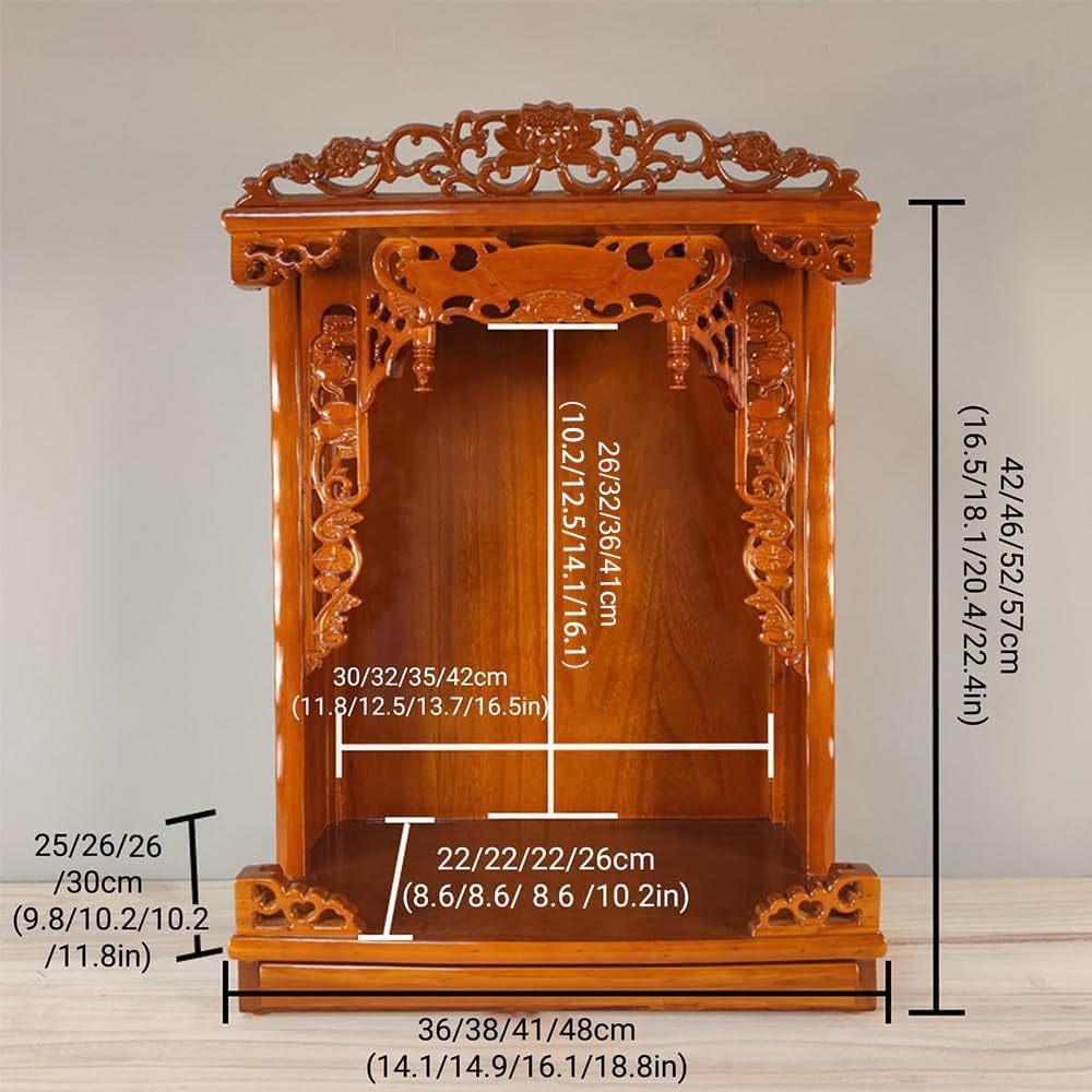 Solid Wood Buddhist Altar Cabinet & Pooja Mandir for Home, 2-in-1 Wall Mounted or Desktop Meditation Shrine Table with Pull-Out Storage Tray, Hand-Carved Buddha Temple (Rosewood, 16.5" H/42cm)