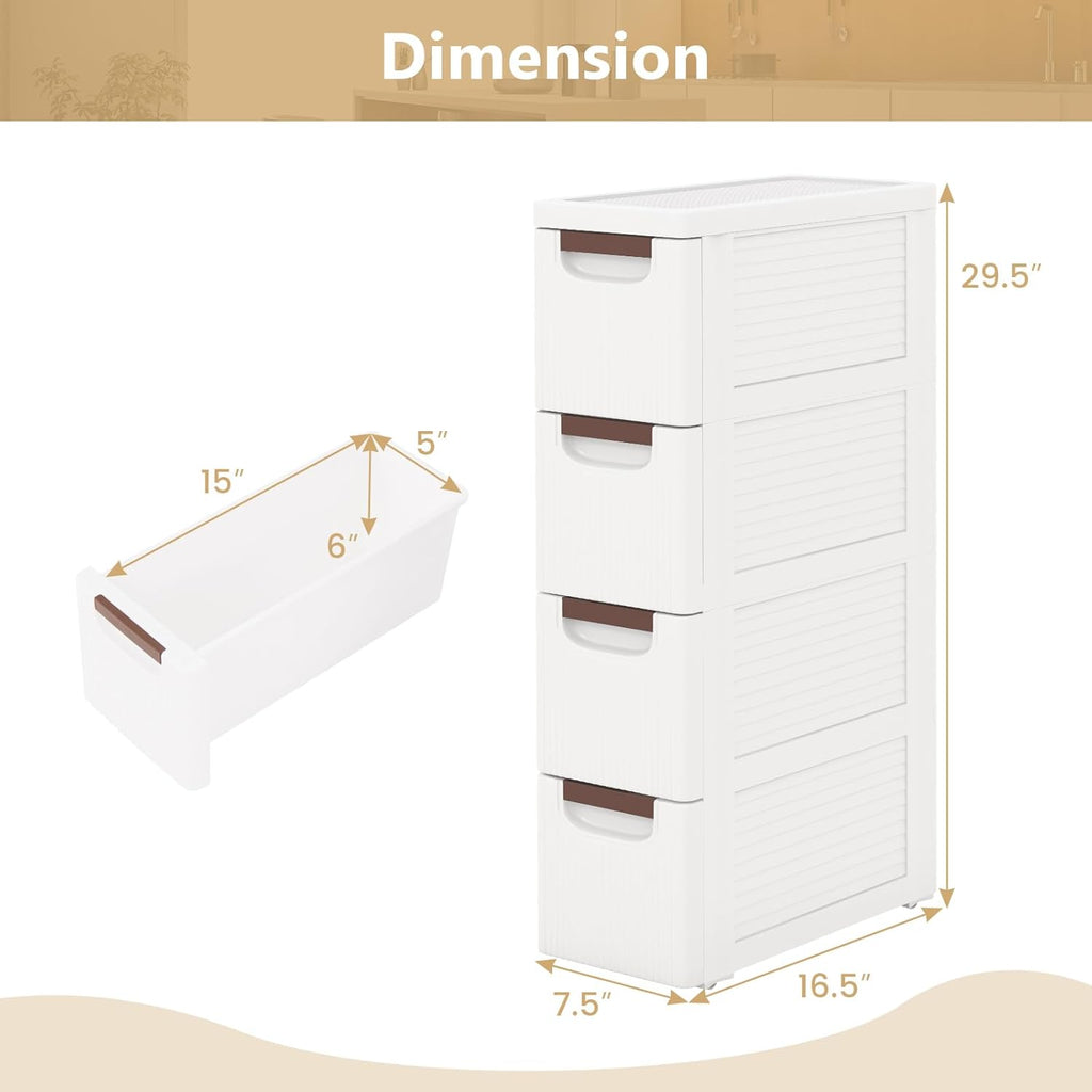 LOKO 4-Drawer Narrow Storage Cabinet, Slim Rolling Cart, Mobile Plastic Cart Container with Pull Handles, Built-in Wheels, for Living Room, Kitchen, Bathroom, Office (7.5"x16.5"x29.5" (4 Drawer))