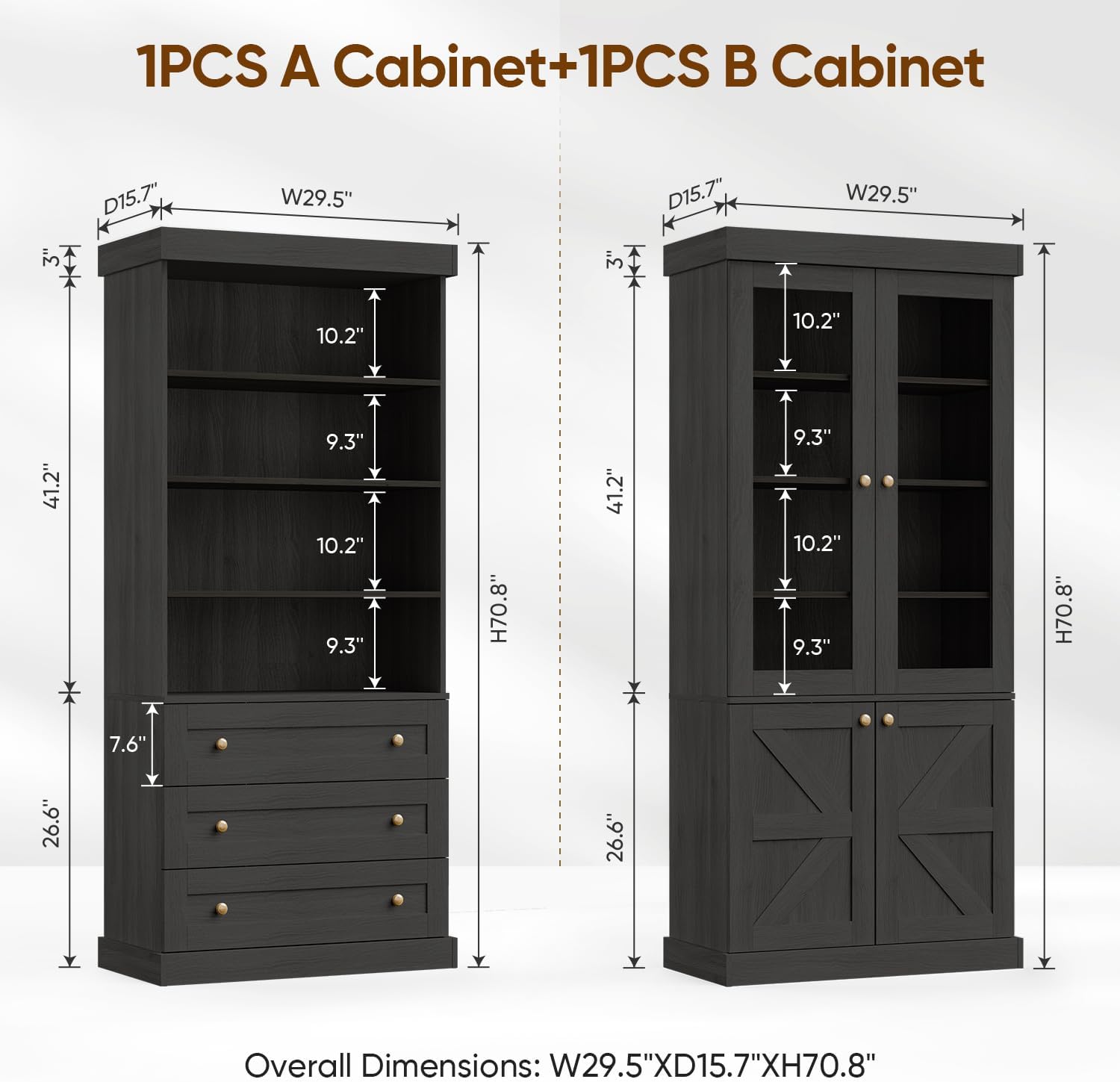 Vyre 71" Tall Farmhouse Kitchen Pantry, Set of 3 Large Storage Cabinets with Glass Doors, Freestanding Wood Hutch Cabinet with 3 Drawers, Adjustable Shelves for Living Room, Dining Room, Black