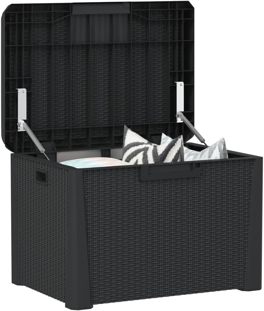 Patio Storage Box Anthracite 33 gal Resin Wicker Chest Outdoor Cushion Container Bench with Lockable Lid for Garden Backyard Deck Porch Furniture Seat