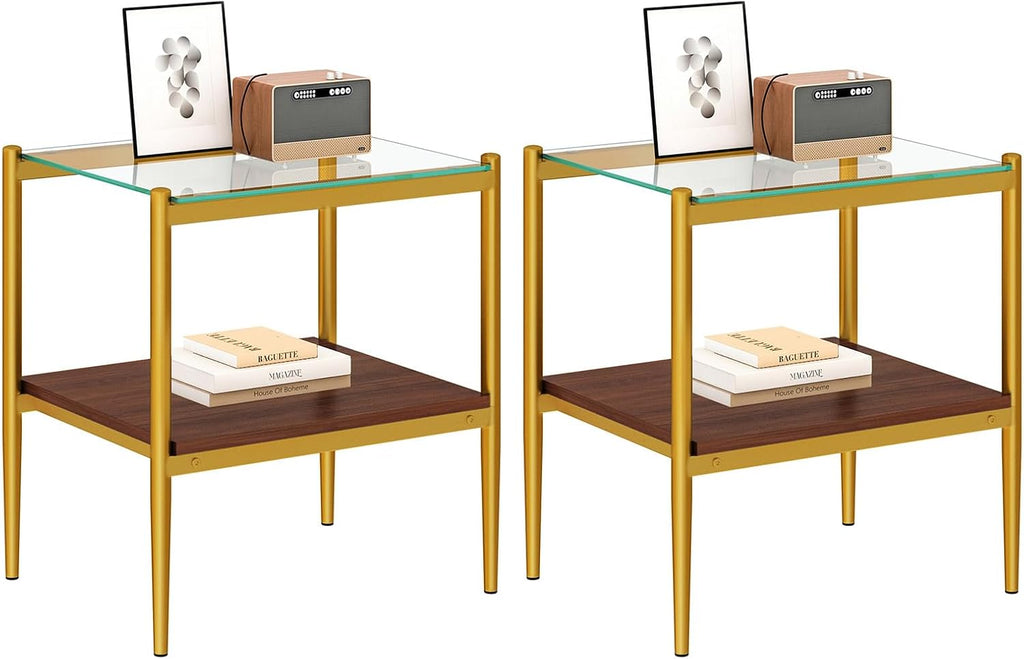 Modern Tempered Glass End Table, 19.1"L x 15.35"W Side Table with Sturdy Iron Legs & MDF Storage Shelf, Modern Table for Living Room, Bedroom, Small Spaces, Easy Assembly (Gold + Brown + Transparent)