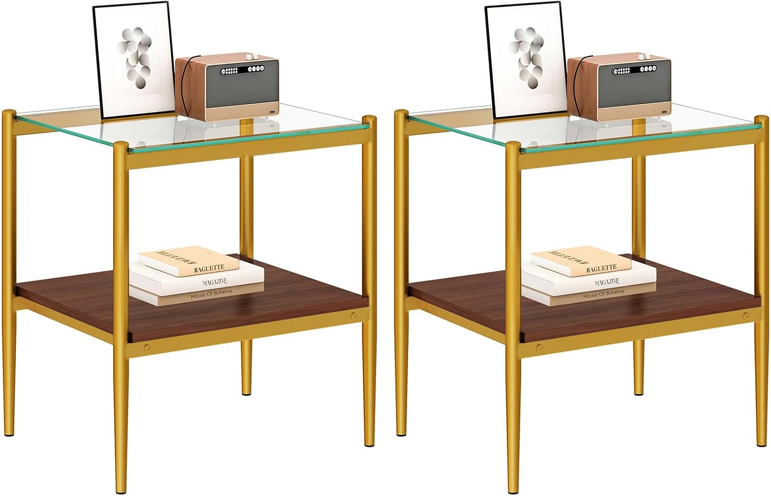 Modern Tempered Glass End Table, 19.1"L x 15.35"W Side Table with Sturdy Iron Legs & MDF Storage Shelf, Modern Table for Living Room, Bedroom, Small Spaces, Easy Assembly (Gold + Brown + Transparent)