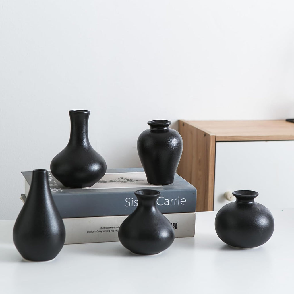 Small Ceramic Vase Set of 5, Black Bud Vase with Boho Decorative Design for Fireplace, Entryway & Living Room Centerpiece