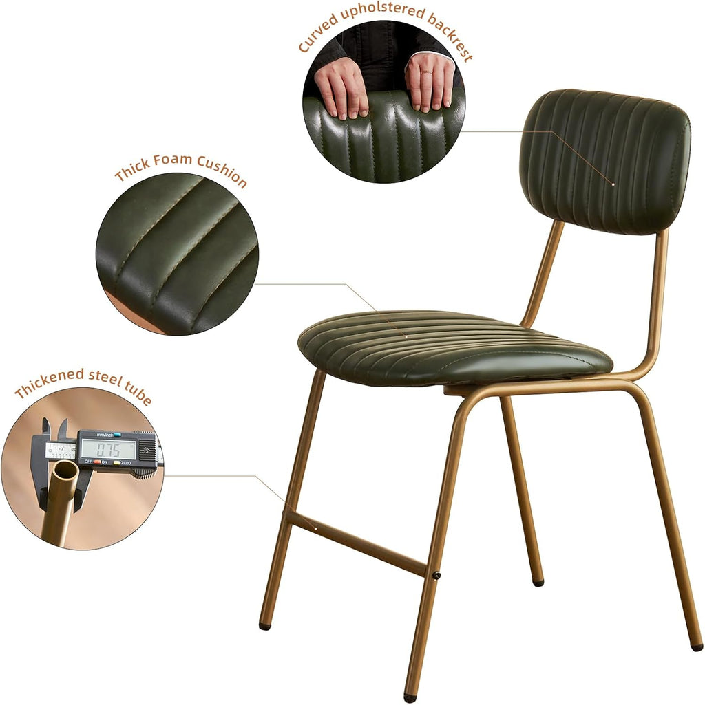 Mid Century Modern Dining Chairs Set of 2, Retro Chair with Faux Leather Upholstered Seat & Vintage Distressing Metal Legs & Leg Protectors for Kitchen Dining Room (Dark Green,Assemble)