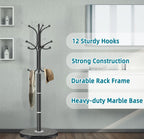 OIRUMIE Coat Rack,Coat Rack Stand with 12 Hooks,Coat Tree Stand for Corner | Coat Rack Freestanding with Natural Marble Base,Black Modern Coat Clothes Hall Tree Hanger Stand for Hallway,Entryway