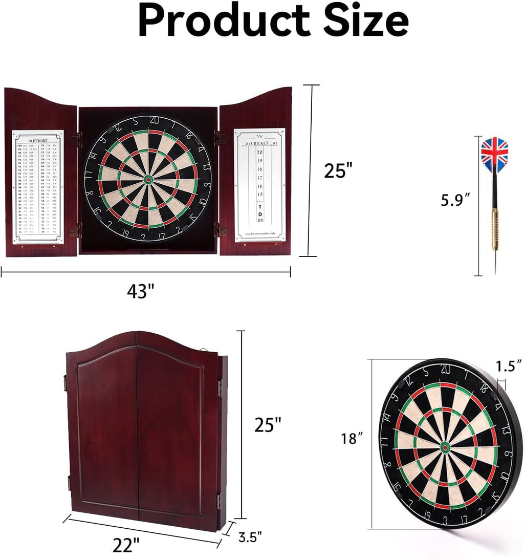 GSE Pro Solid Wood Classic Dartboard Cabinet Set, Deluxe Cherry | 18" Self-Healing Sisal/Bristle Dartboard, Scoreboard & 6 Steel Tip Darts, Complete with All Accessories, 3.5"D x 22"W x 25"H