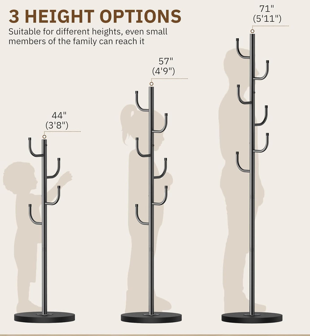 MISSLO Heavy Duty Coat Rack Freestanding with Stable Wood Base Metal Coat Tree Adjustable Coats Hanger Stand with 6 Hooks Clothes Tree for Jackets, Hats, Bags Standing Purse Rack for Bedroom, Office