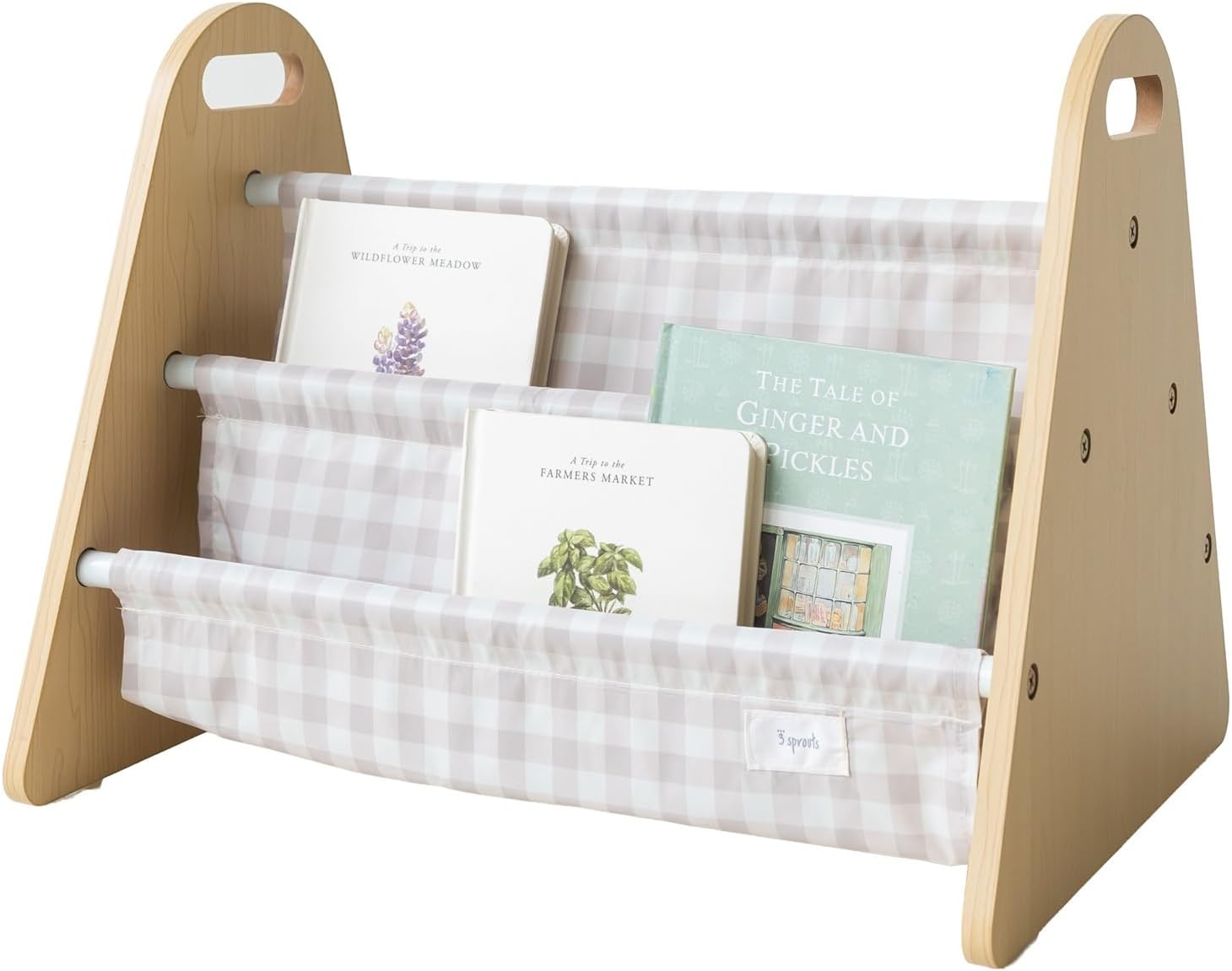 3 Sprouts Double Sided Baby Bookshelf - Portable Book Shelf for Kids Rooms - Ideal Toddler Book Storage - Nursery Bookshelf - Small Bookshelf for Child's Room - Book Organizer - Gingham Beige