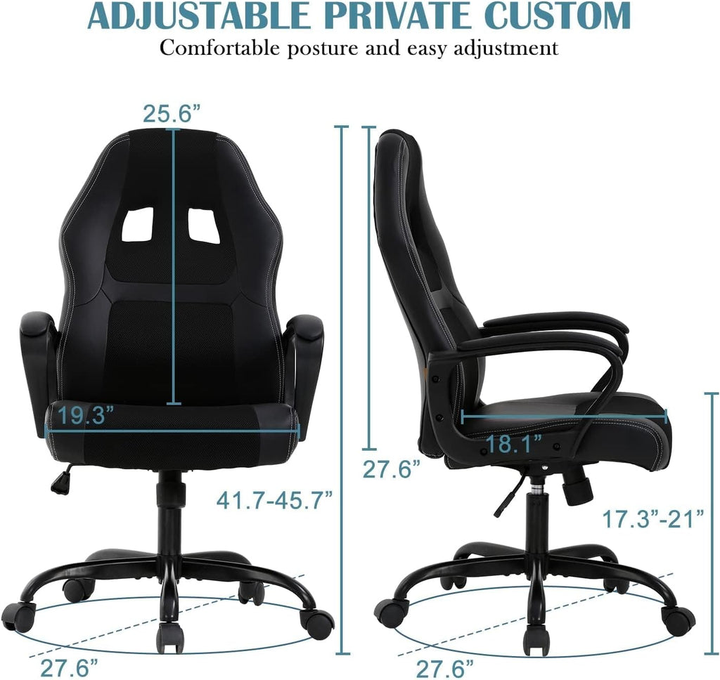 Executive PC Gaming Chair with Lumbar Support & Headrest - Ergonomic Leather Racer Task Chair for Home Office Gaming Room - Heavy Duty & Comfortable (Black)