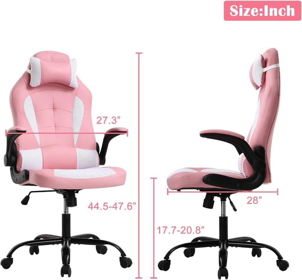 Pink Gaming Desk Chair PC Gaming Chair Gamer Chair, Comftorable Ergonomic PU Leather Computer Office Chair with Lumbar Support Flip Up Arms, High Back Executive Gaming Stuff for Girl Kids Adults