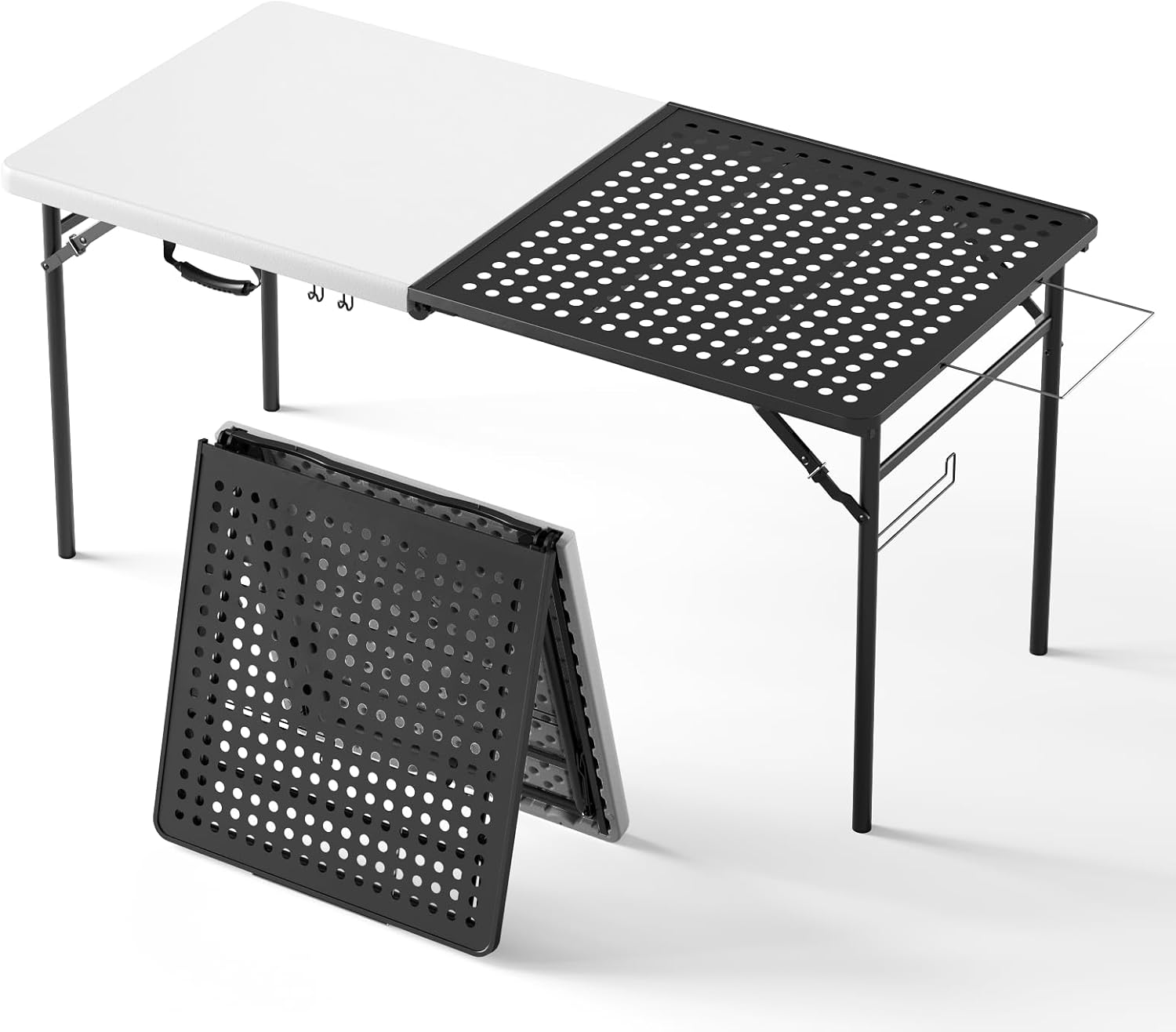 Folding Table, 5ft Folding Grill Table, Portable Camping Table for Cooking & BBQ Prep, 2-in-1 Metal&Solid Surface Foldable Grill Station for Party Cooking, Backyard, Patio Use,(Black and White)