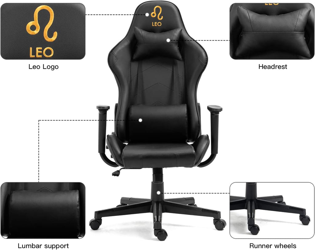 Modern-Depo Leo Gaming Chair with Zodiac Star Sign, Ergonomic Design, Adjustable Swivel, and Lumbar Support, Black