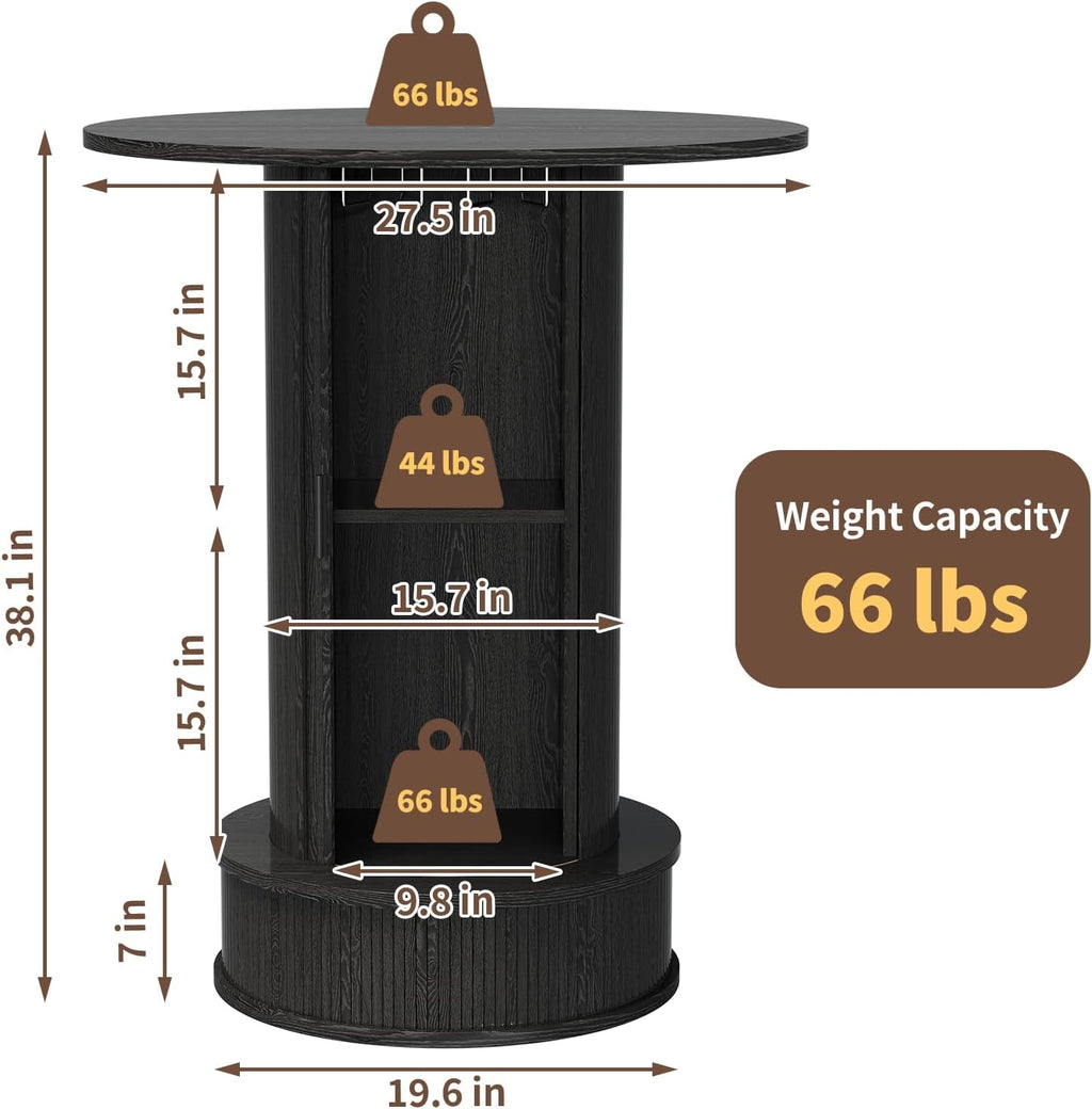 Round Bar Table with 2-Tier Hidden Storage, 38.1" High Wood Bistro Pub Table with Footrest, Rustic Cocktail Table for Kitchen Nook, Living Room, Apartment & Small Spaces, Black