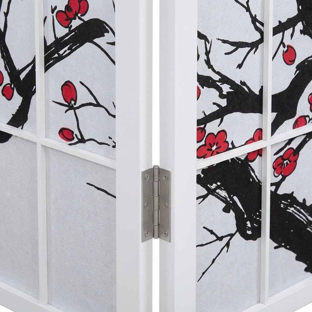 FurniFact White 4-Panel Wood Room Divider, Folding Privacy Screen, Fabric Panels, Floral Print, Oriental Style, 70 Inch, Freestanding