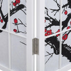 FurniFact White 4-Panel Wood Room Divider, Folding Privacy Screen, Fabric Panels, Floral Print, Oriental Style, 70 Inch, Freestanding