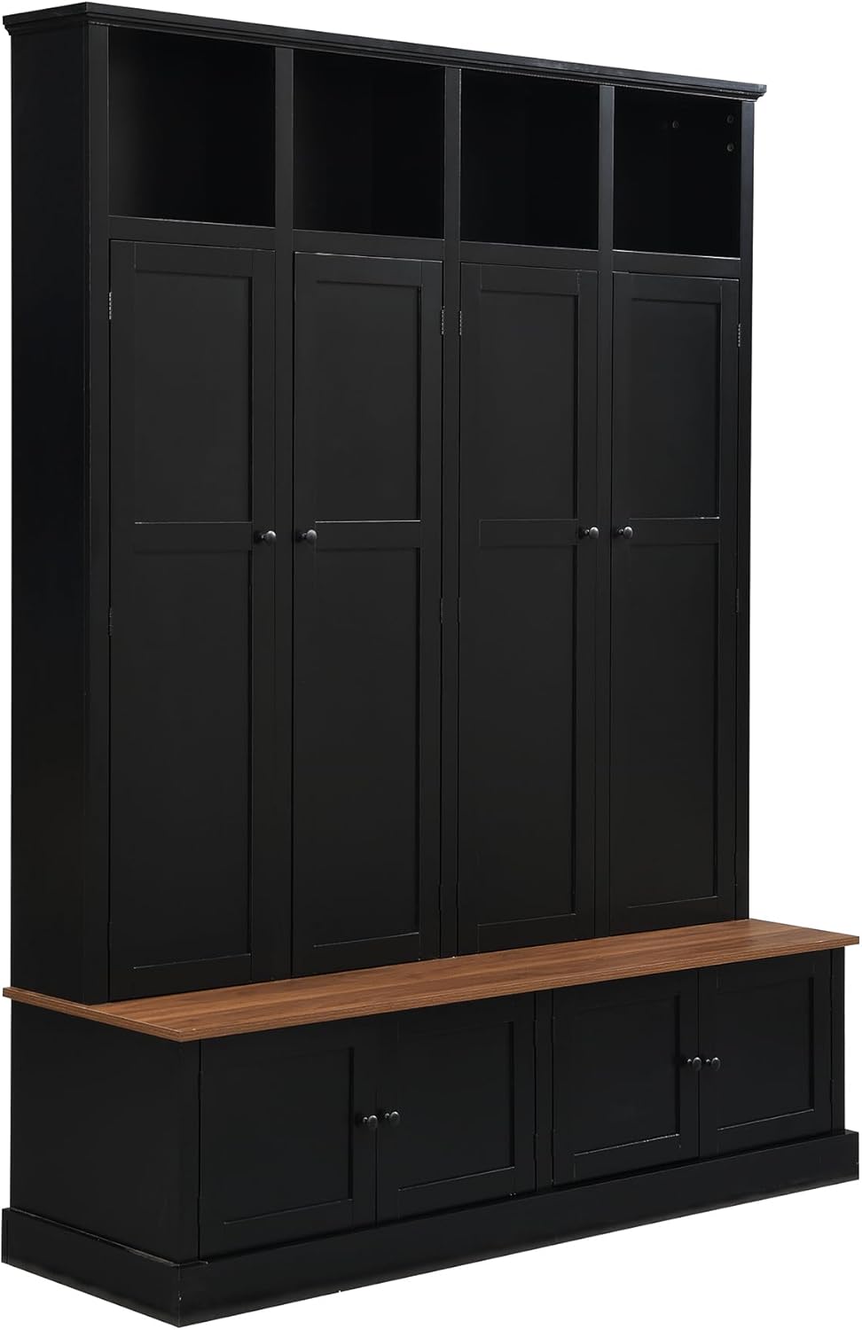 RuiSiSi 76.7" Hall Tree with Bench and Shoe Storage, Farmhouse 4-in-1 Entryway Bench Coat Rack with Doors, 4 Hooks and Top Shelves for Entrance, Hallway, Mudroom, Black