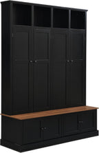 Merax Farmhouse Hall Tree with Bench and Cabinet, 4-in-1 Entryway Storage Organizer with Rack, Shoe Storage and Hooks for Mudroom, Living Room, Bedroom, Black