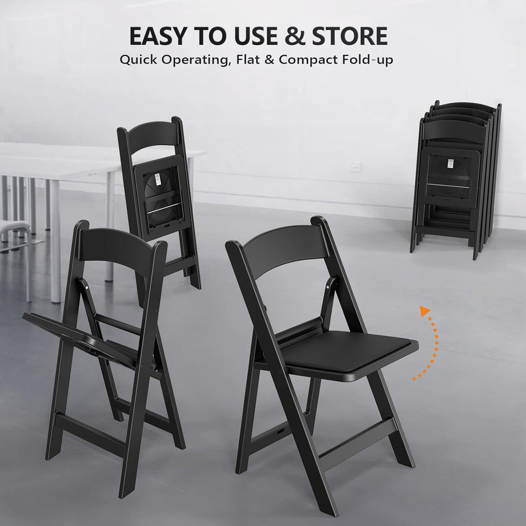 FCH Plastic Folding Chair with Padded Seat, Resin Foldable Chairs with Soft Cushion, Comfortable and Sturdy, Suitable for Indoor and Outdoor, Parties, Weddings, Commercial Events, Black, 4 Pack