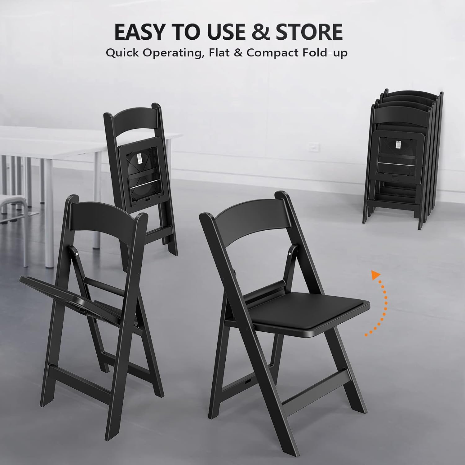 FCH Plastic Folding Chair with Padded Seat, Resin Foldable Chairs with Soft Cushion, Comfortable and Sturdy, Suitable for Indoor and Outdoor, Parties, Weddings, Commercial Events, Black, 4 Pack