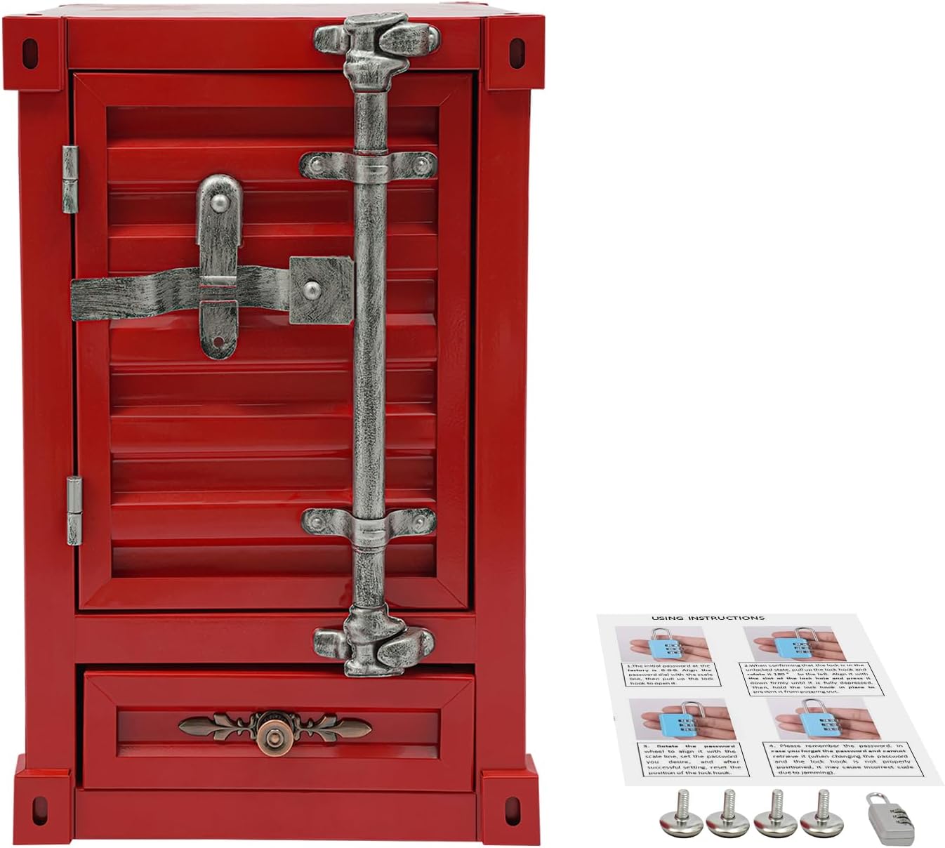 Industrial Metal Container Side Table, 3-Tier Storage Cabinet with Password Lock & Drawer, Container Cabinet for Living Room Bedroom, Heavy Duty Nightstand for Bar Garage, Red
