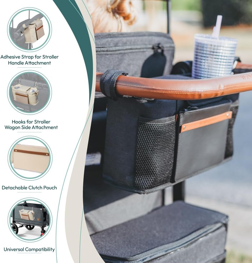 WONDERFOLD Universal Parent Console Stroller Organizer with Insulated Cup Holders, Hook & Loop Closure Handle Attachment, 2 Storage Pockets, Removable Shoulder Strap for Easy Transport
