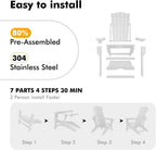LETKIND Folding Adirondack Chair with Retractable Ottoman Set of 2, All Weather Fire Pit Chairs with Cup Holder, Outdoor Chair with Ottoman,White
