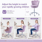 Cute Kids Desk Chair, Velvet Adjustable Ergonomic Chair for Students, Modern Upholstered Swivel Rolling Vanity Chair Child Computer Chair for Girls Bedroom/Study Room/Make Up, Light Purple