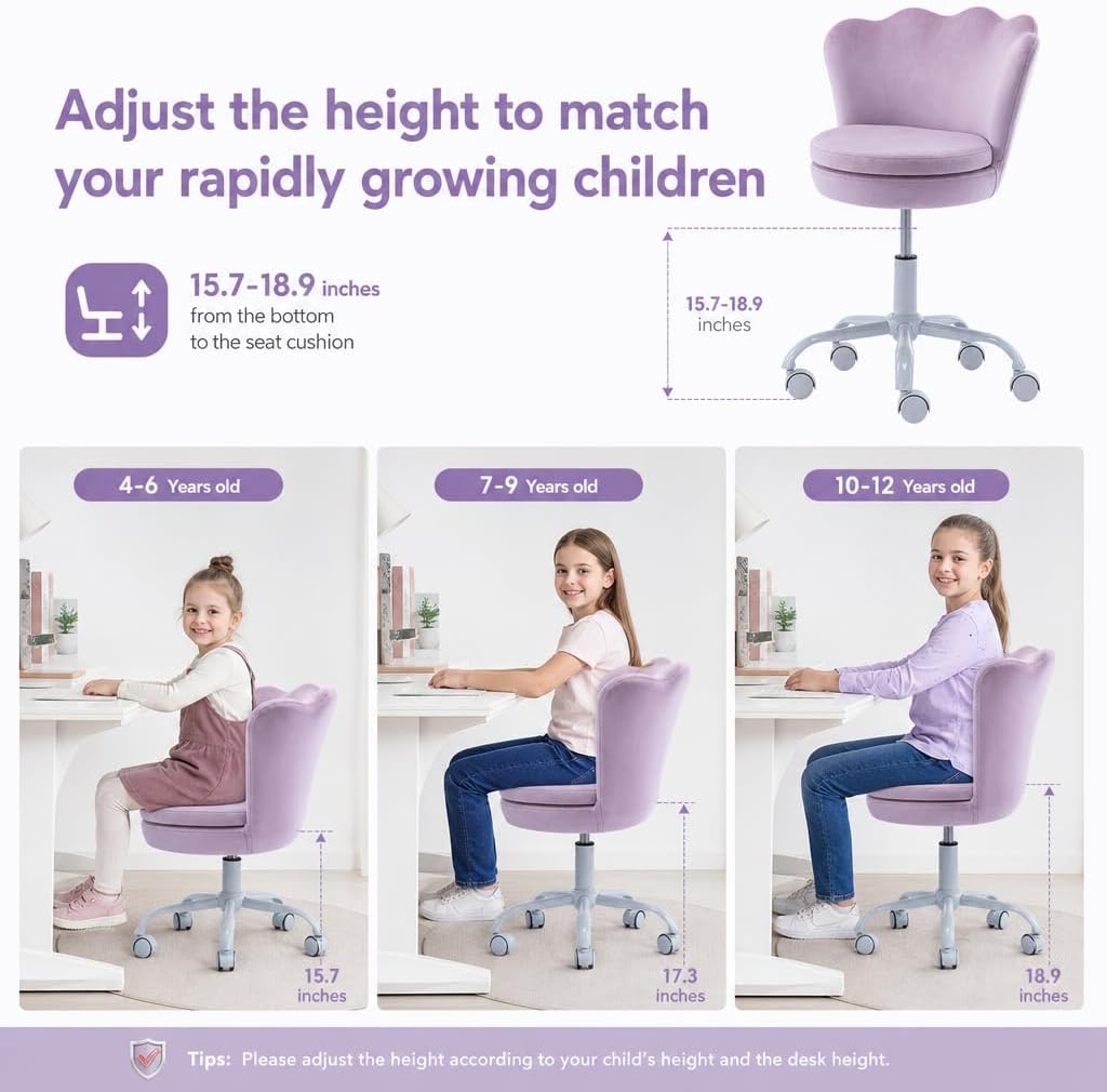 Cute Kids Desk Chair, Velvet Adjustable Ergonomic Chair for Students, Modern Upholstered Swivel Rolling Vanity Chair Child Computer Chair for Girls Bedroom/Study Room/Make Up, Light Purple