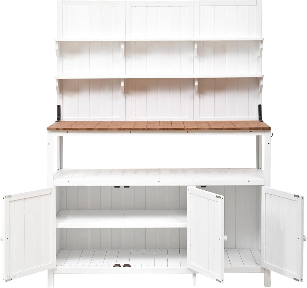 Potting Bench Table with Hutch, 50.2" Solid Fir Wood Garden Workstation, Large Countertop, 2 Shelves, 2 Cabinets, 3 Side Hooks, Outdoor Planting Table for Gardening, White