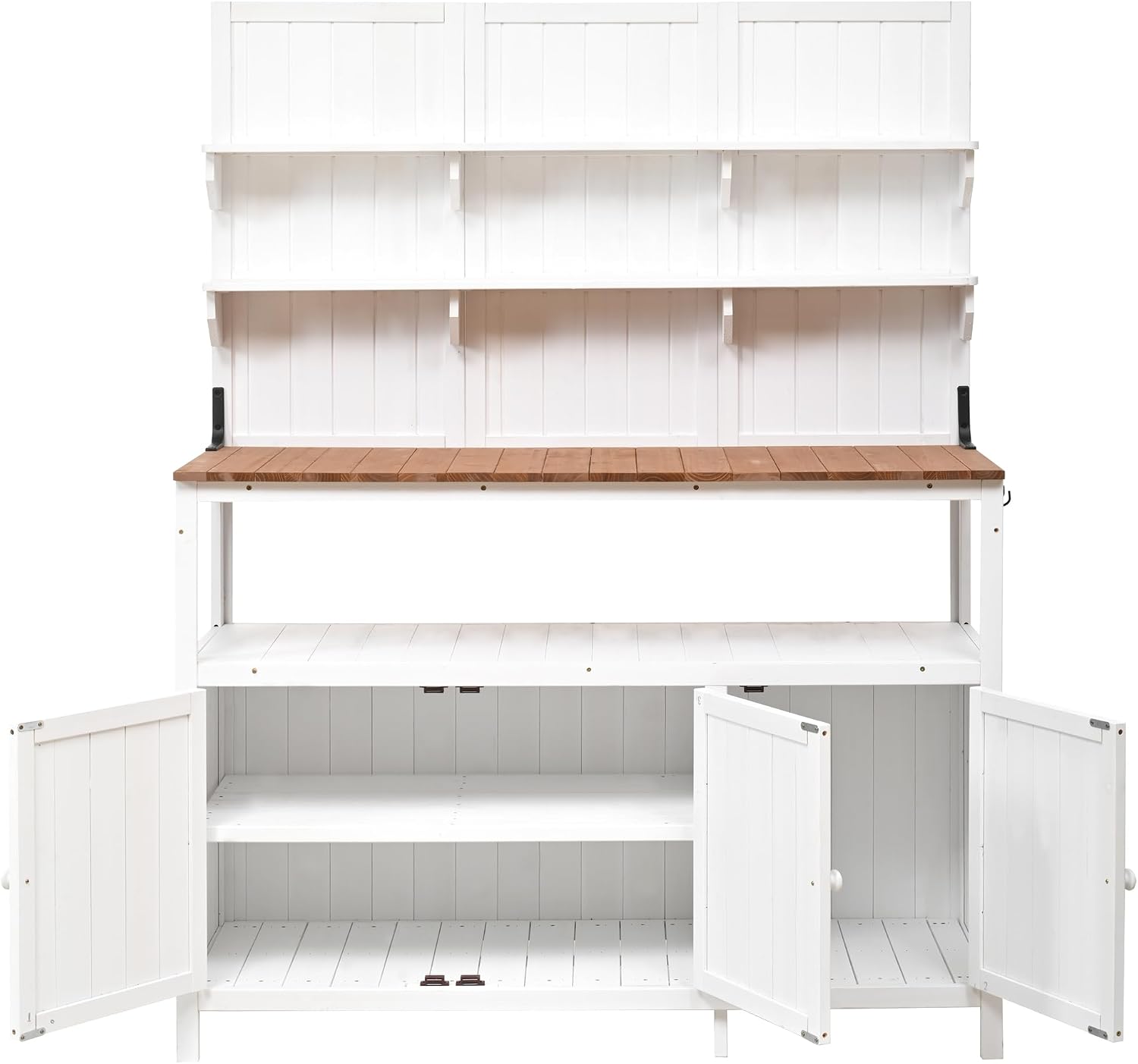Potting Bench Table with Hutch, 50.2" Solid Fir Wood Garden Workstation, Large Countertop, 2 Shelves, 2 Cabinets, 3 Side Hooks, Outdoor Planting Table for Gardening, White