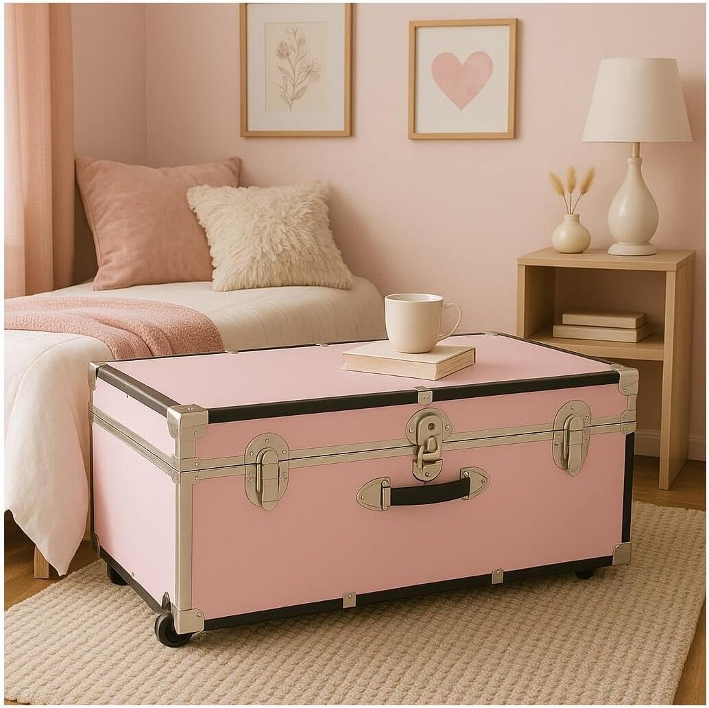 HomeStock Rustic Romance Heavy Duty 30" Under Bed College Storage Trunk with Lock, Latch Closure Type, 15.75" D x 30" W x 12.25" H, Ideal Camp Dorm Room Trunk Footlocker Pink Blush