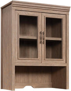 Pemberly Row Engineered Wood Library Hutch, Brushed Oak Finish, 42.17 in H x 31.5 in W x 17.68 in D, Adjustable Shelves, Cord Management, Safety Glass Doors, Home Office or Study Storage Unit
