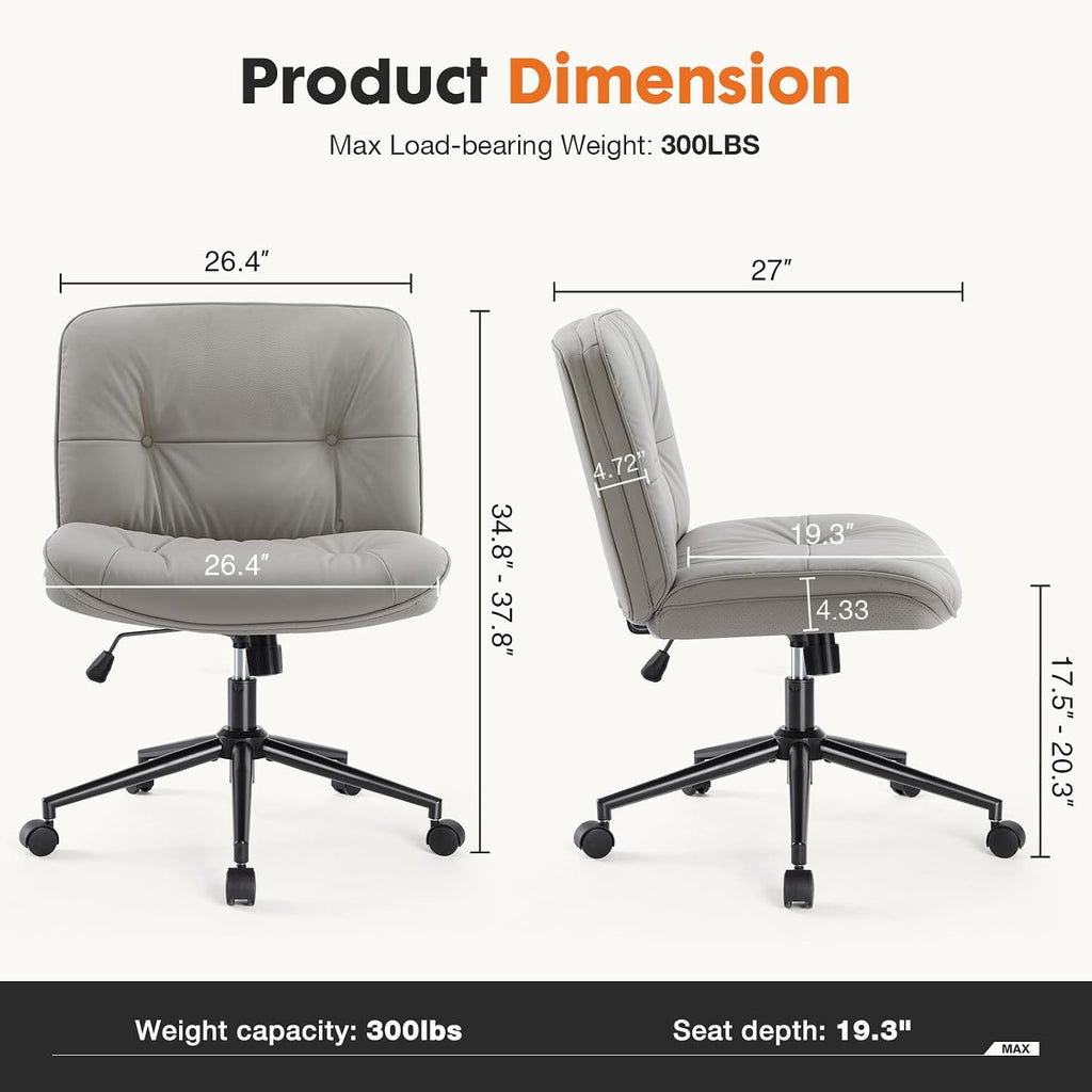 Sweetcrispy Criss Cross Chair with Wheels, Wide Seat PU Leather Armless Office Desk Vanity Chair, Comfortable Adjustable Swivel Computer Task Chairs for Bedroom, Small Space Make Up, Grey