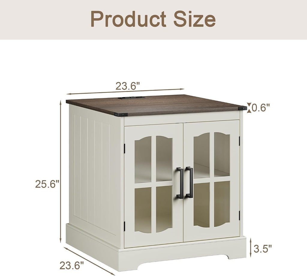 ChooChoo Farmhouse End Table with Charging Station, 24" Large Sofa Side Table with LED, Square Nightstand with Glass Barn Door, Bedside Table with Storage for Living Room, Beige（Cream and Brown