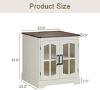 ChooChoo Farmhouse End Table with Charging Station, 24" Large Sofa Side Table with LED, Square Nightstand with Glass Barn Door, Bedside Table with Storage for Living Room, Beige（Cream and Brown