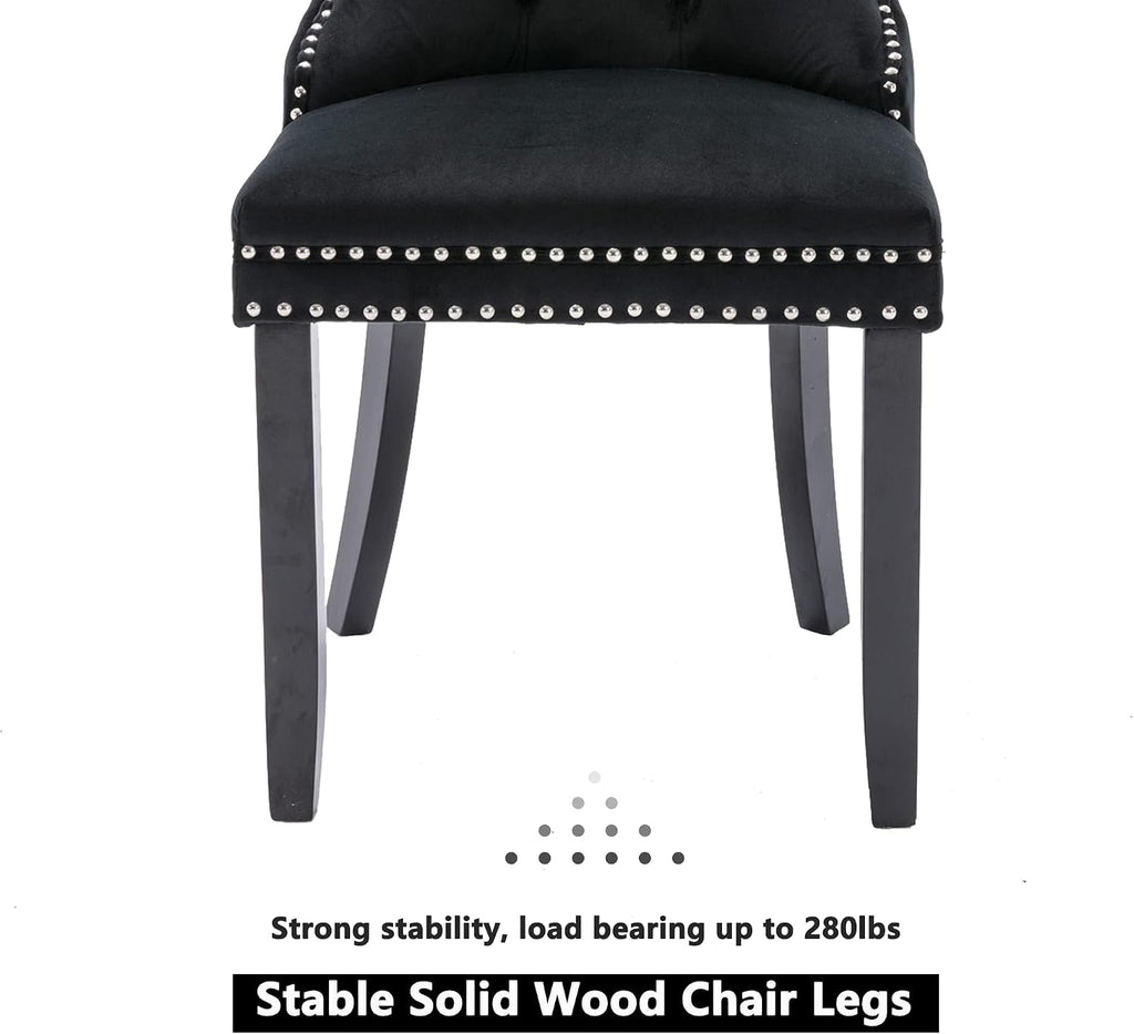 Virabit Velvet Dining Chairs, Tufted Upholstered Dining Chairs with Nailhead Back and Ring Pull Trim, Solid Wood Dining Chairs for Kitchen/Bedroom/Dining Room (Black, Set of 2)
