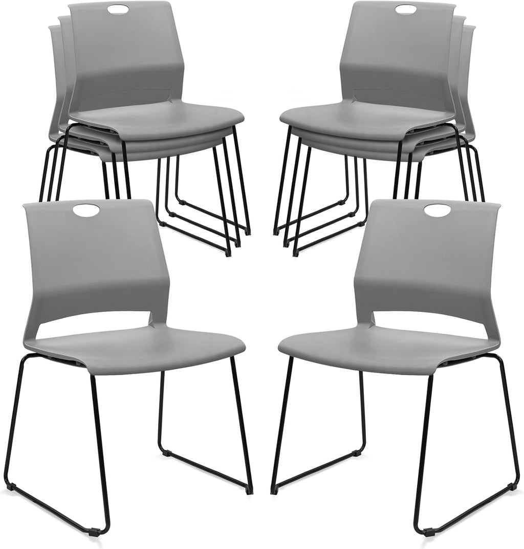 KLASIKA Stackable Guest Reception Chairs, Stacking Office Chair with Ergonomic Lumbar Support & Metal Legs, Plastic Desk Chairs for Conference School Church Waiting Meeting Break Room Set of 8, Gray