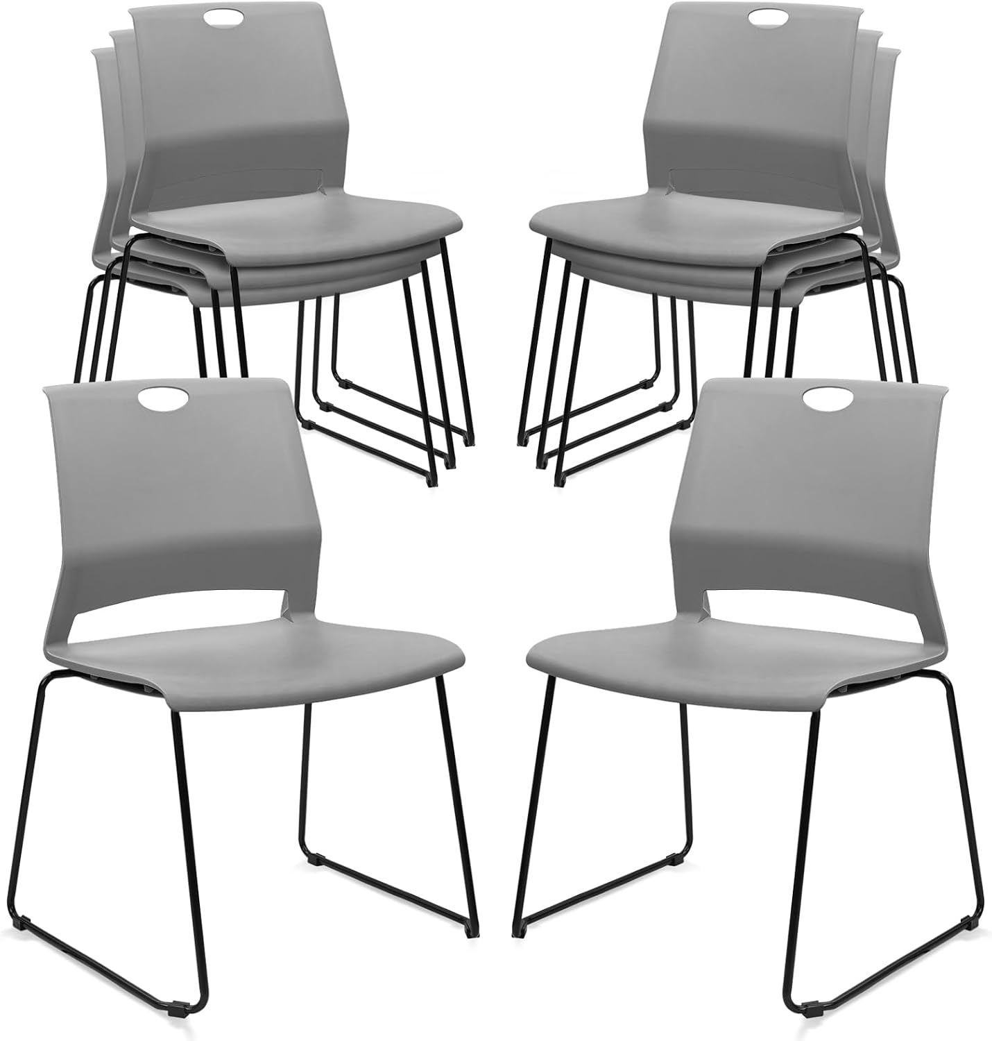 KLASIKA Stackable Guest Reception Chairs, Stacking Office Chair with Ergonomic Lumbar Support & Metal Legs, Plastic Desk Chairs for Conference School Church Waiting Meeting Break Room Set of 8, Gray