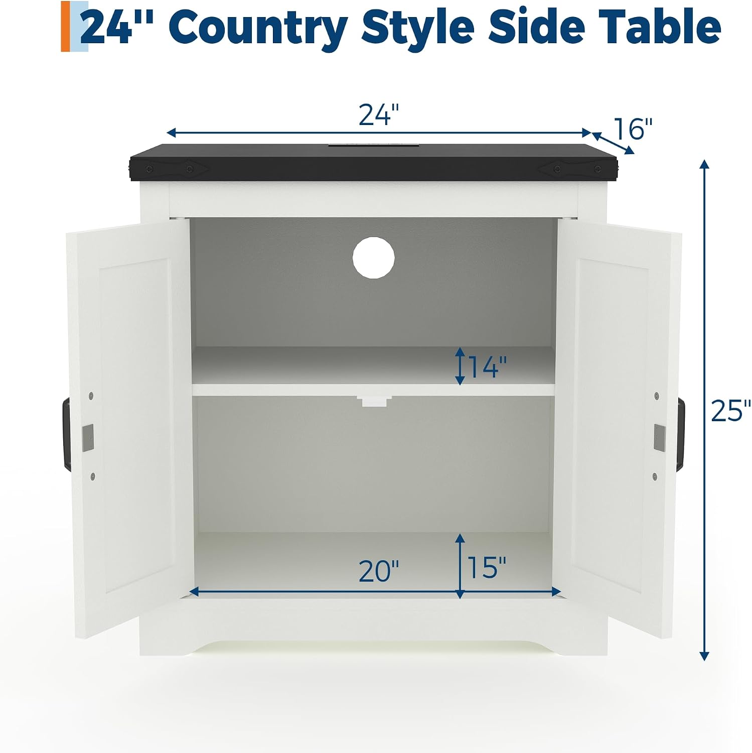 24" Farmhouse End Table with Charging Station | Rustic Sofa Side Table with Sliding Barn Door & Shelf | for Living Room, Bedroom in Antique White