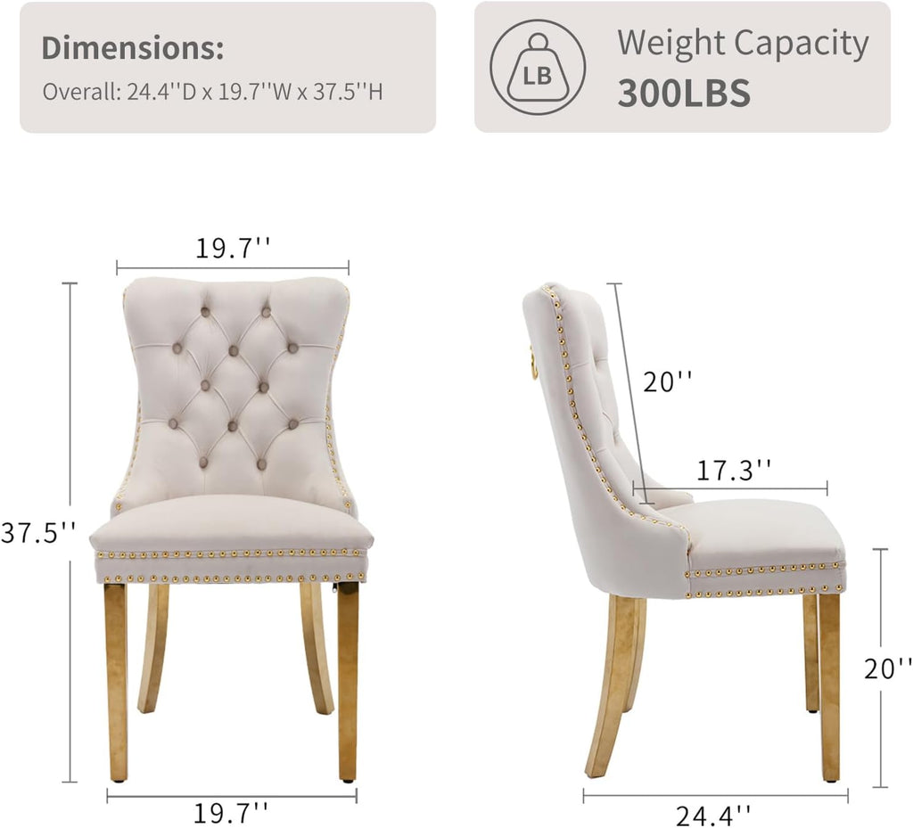 Velvet Dining Chairs Set of 4, Mid Century Tufted Dining Room Chairs with Nailhead Back Ring, Metal Legs, Modern Style for Kitchen, sillas de comedor (Beige, Golden Legs, 4 Pcs)