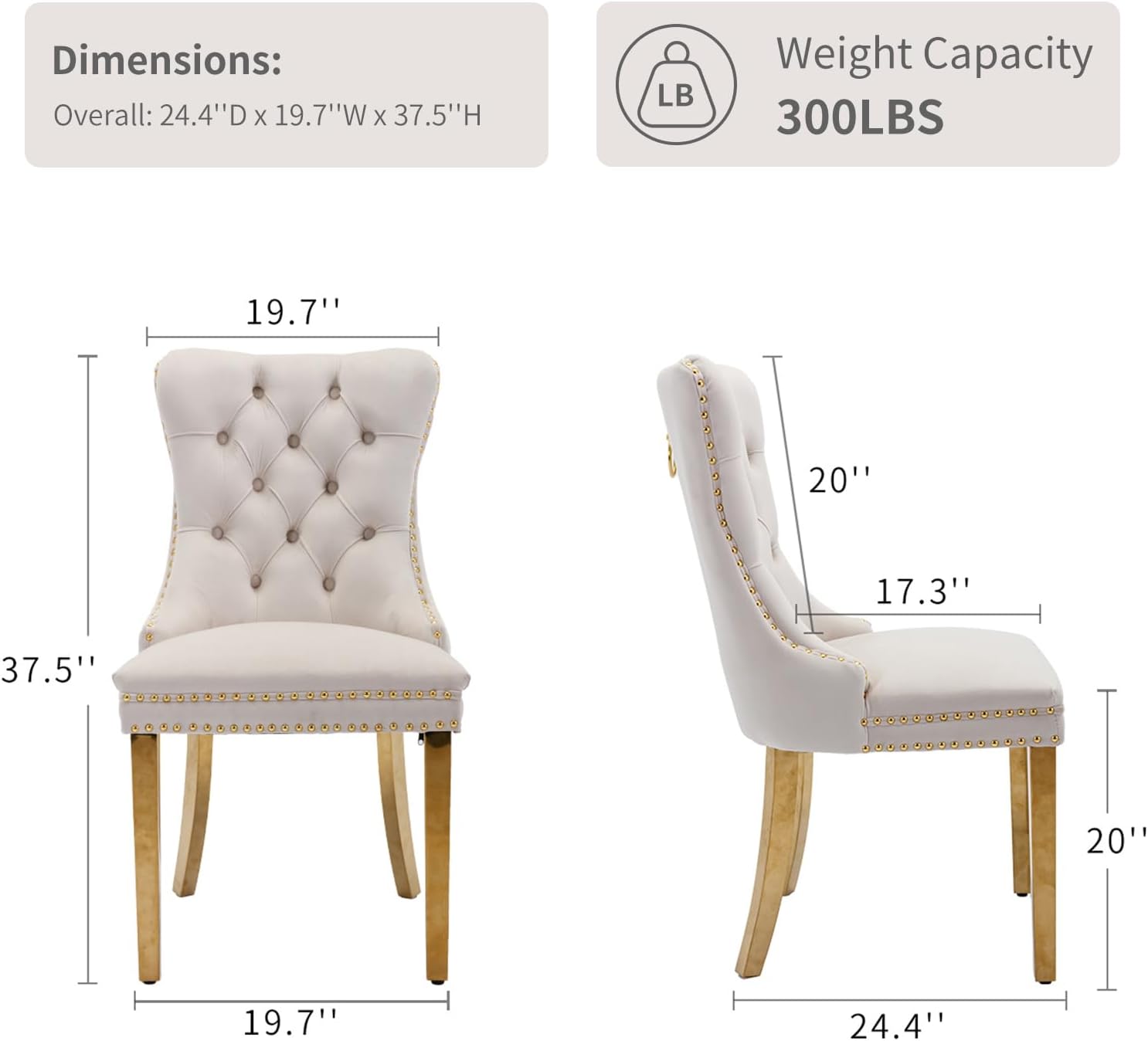 Velvet Dining Chairs Set of 4, Mid Century Tufted Dining Room Chairs with Nailhead Back Ring, Metal Legs, Modern Style for Kitchen, sillas de comedor (Beige, Golden Legs, 4 Pcs)