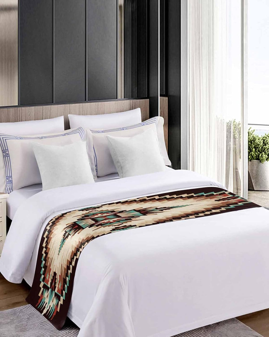 Abstract Aztec Bed Runner Scarf King Size,Southwest Geometric Retro Native American Luxury Bed Throw Runners & Scarves for Twin Full Queen King Foot of Bed Bedroom Hotel Wedding Decoration,94"x20"