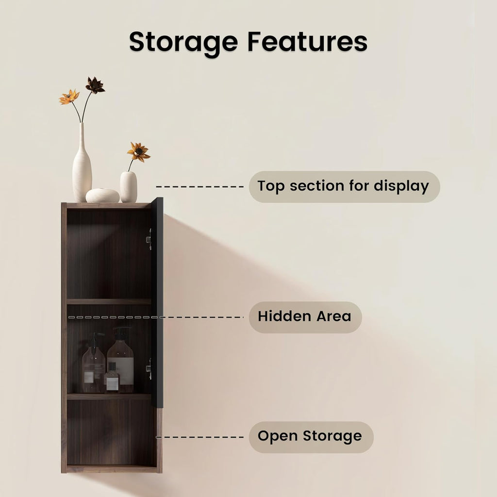 12" Floating Bathroom Storage Cabinet, Modern Wall Cabinets with Soft-Closing Door & Open Shelf, Bathroom Side Cabinet for Small Spaces, Apartment, Walnut+Black